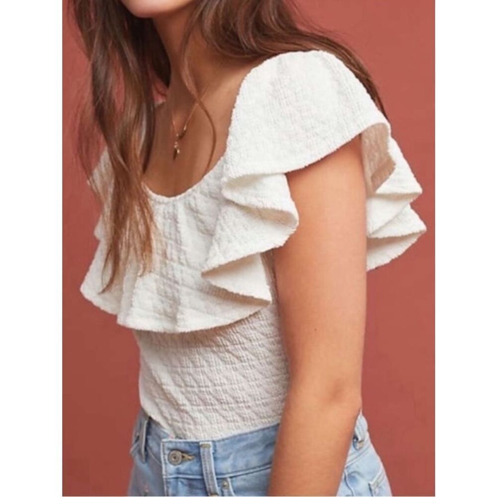 Anthropologie Textured Off The Shoulder Ruffle Top Size Small White